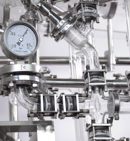 Glass piping with stainless steel buchiflex flanges for HPAPI synthesis reactor systems